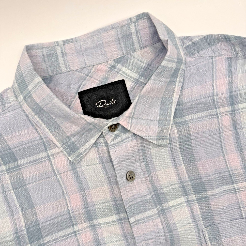 Rails Men's Large‎ 100% Linen Light Blue Plaid Button Up Long Sleeve Shirt